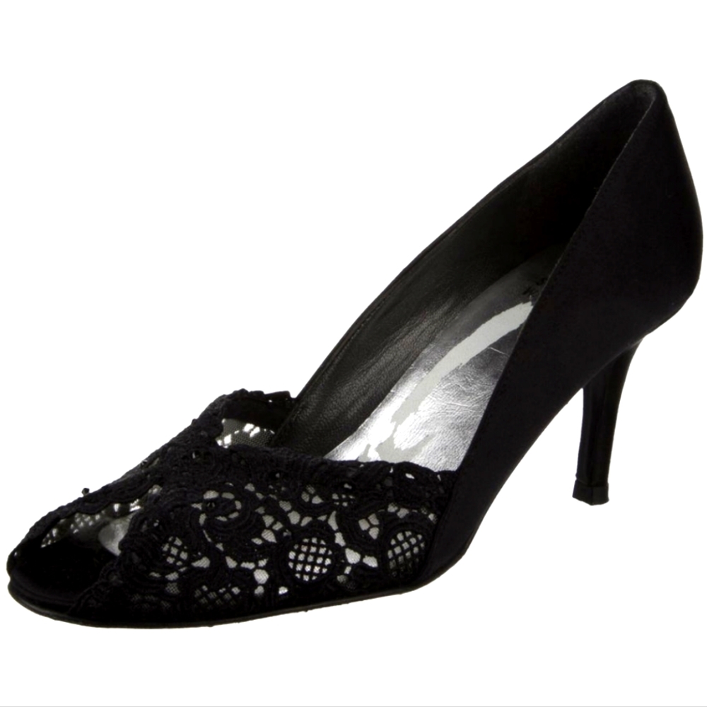 STUART WEITZMAN Chantelle Satin + Lace Peep Toe Heels